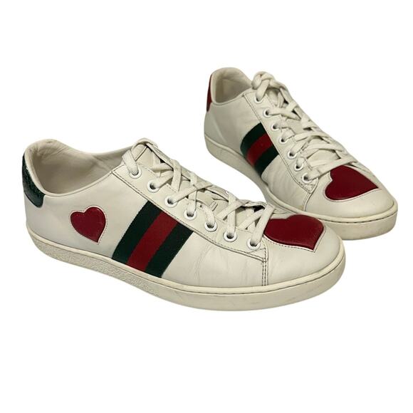 Gucci Ace Web Heart Leather Sneakers White Red Green Size 37.5 / US 7.5 - Picture 3 of 14